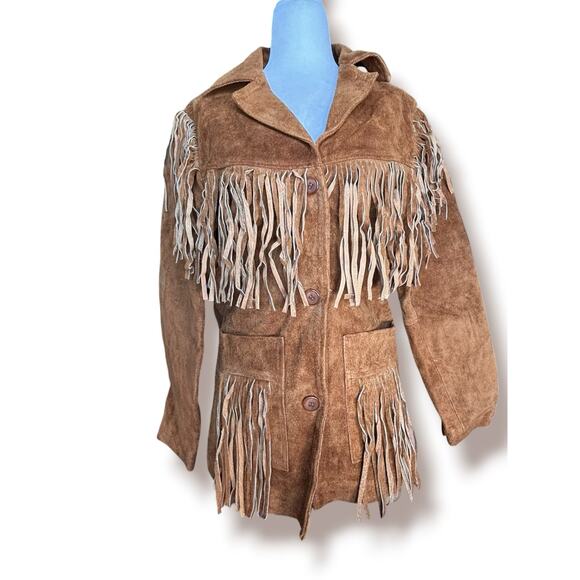 Vintage Jackets & Blazers - Vintage Tan Suede Leather Fringe Jacket Western Boho Cowgirl Leather Coat Small